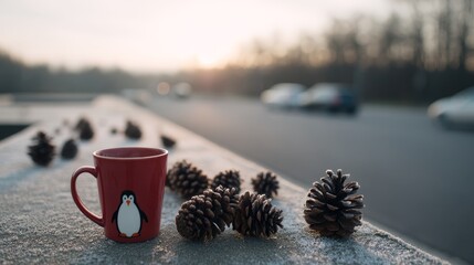 Cozy red mug with penguin illustration on frostcovered table surrounded by pinecones in wintery glow with copy space