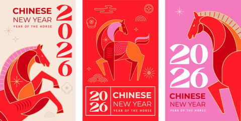 Modern geometric vertical banners for Chinese New Year 2026 - Year of the Horse