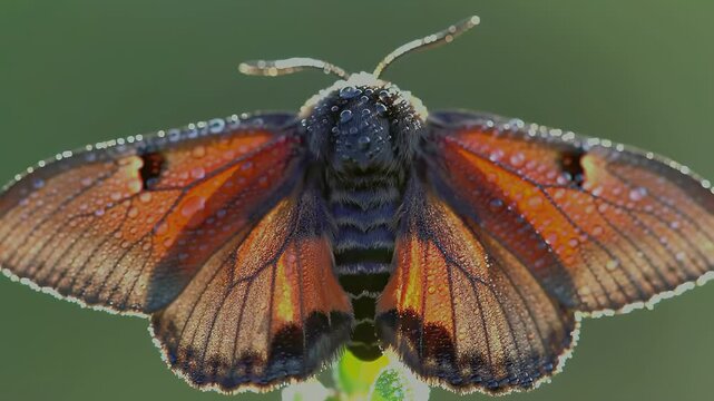 Dew-Kissed Scarlet Tiger Moth: Close-Up of Wings and Body in Morning Light
