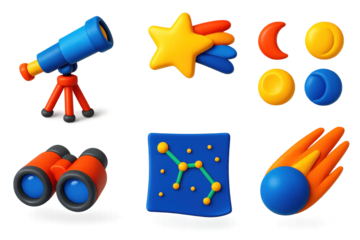 Night Sky Icons. 3D icon set of night sky watching: telescope, shooting star, moon phases, binoculars, constellation map, comet. A