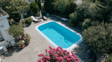 Bright blue inflatable pool in sunny backyard surrounded by lush green bushes pink flowers and brick walkway