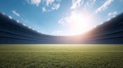Bright sunlit stadium with lush green field and clear sky overspectator stands in wide panoramic view