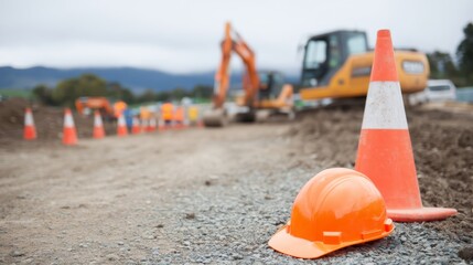 Construction zone with safety cones and heavy machinery background, worker helmet resting on materials, side angle view