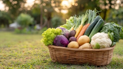Fresh organic farm vegetables in a wicker basket on grass at sunset with copy space