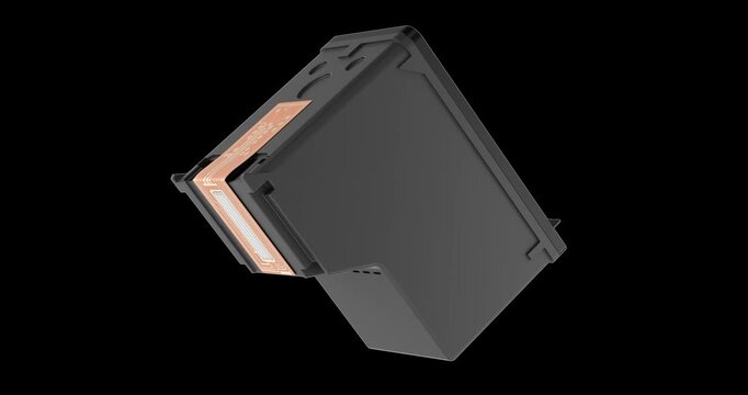 Inkjet printer cartridge rotation animation, seamlessly loopable. 3D rendering isolated on transparent background