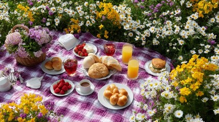 Colorful spring picnic spread on a patterned blanket amidst blooming wildflowers with fresh fruits, sandwiches, pastries, and drinks creating a cheerful outdoor dining scene