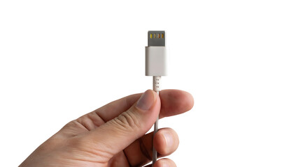 hand holding a usb cable . Isolated on transparent background, png
