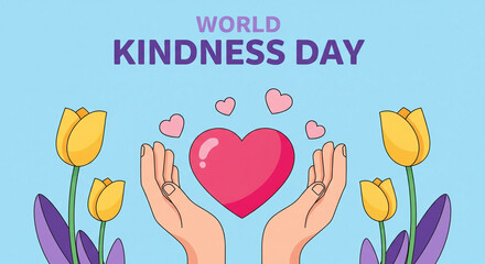 Celebrate World Kindness Day with a vibrant heart and blooming tulips, spreading love and compassion with open hands and gentle care