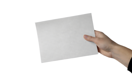 Hand holding a blank paper ready to receive content  . Isolated on transparent background, png