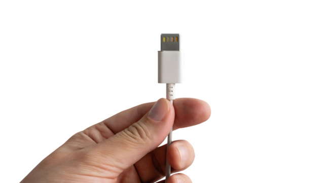 hand holding a usb cable . Isolated on transparent background, png