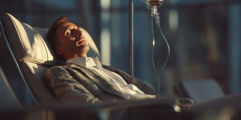 Luxury Airport Lounge with Traveler Receiving IV Therapy for Jet Lag Recovery