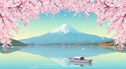 Scenic Mount Fuji with Cherry Blossom Trees and Reflection in Calm Lake