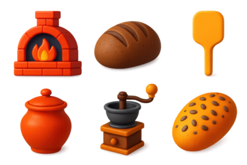 Rustic Baking Icons. 3D icon set of rustic baking: wood-fired oven, rye bread, wooden paddle, clay pot, hand mill, seeded loaf. A