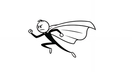 Cartoon Superhero Character Running with Determined Expression in Black and White Style