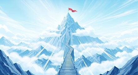 Majestic Snow Mountain Peak with Red Flag and Steep Staircase in Bright Sky