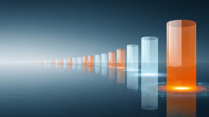 Abstract luminous orange and blue columns rising against deep gradient background with digital glow effects and spacious copy area
