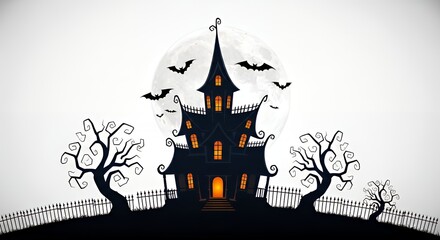 Spooky Haunted House Scene with Full Moon and Bats in Night Sky