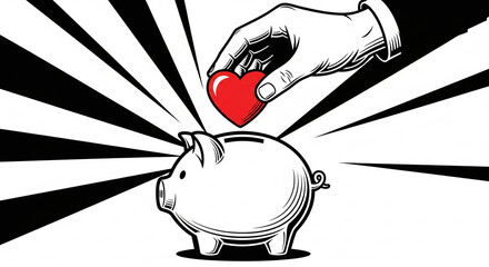 Generous hand places vibrant red heart into piggy bank, symbolizing financial support for causes or loved ones with radiating black and white abstract background