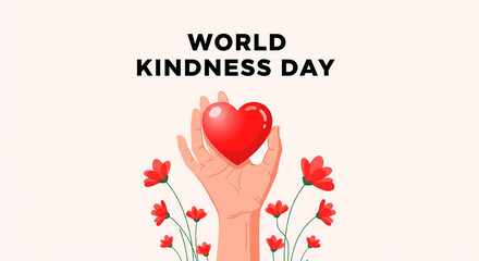 Celebrate World Kindness Day with a heart held high, surrounded by vibrant red flowers, spreading compassion and empathy globally.
