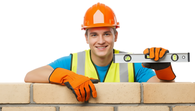 Skilled Construction Worker Holding Level Tool Smiling Behind Brick Wall Isolated on Transparent Background Profession