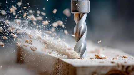 Close up of drill bit cutting into wood with flying sawdust symbolizing precision, craftsmanship and industrial energy in workshop process, Generative AI