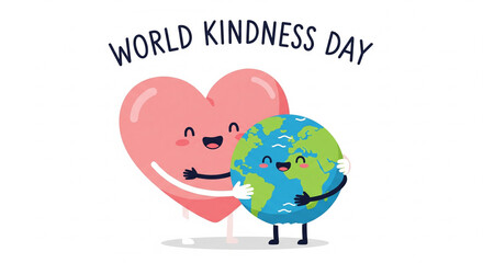 Embrace global kindness with a heart hugging planet Earth, celebrating unity and compassion for World Kindness Day in a vibrant, cheerful design.