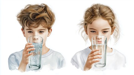 Illustration of two children drinking clean water symbolizing health, environmental care and sustainability awareness for future generations, Generative AI