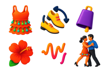 Cha-Cha Icon Set. 3D icon set of cha-cha: beaded dress, fast step shoes, cowbell, tropical flower, rhythm lines, dancing couple. A