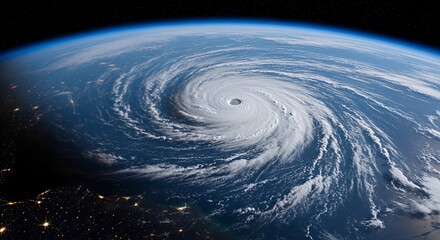 Hurricane Over Earth Seen From Space with Bright City Lights and Dark Atmosphere
