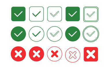 Checkmark and Cross Icon Set: Green Approval Ticks and Red Rejection X Marks in Circles and Squares for Web UI and Status Indicators.
