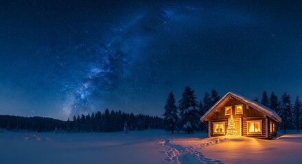Cozy Wooden Cabin Under Starry Night Sky in Snowy Forest Scene