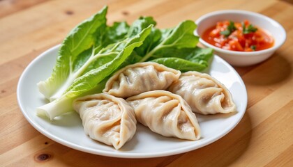 traditional chinese xiaolongbao dumplings on white plate with lettuce leaves and spicy dipping sauce, authentic asian cuisine, clean natural lighting