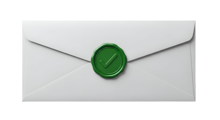 Approved white envelope with green wax seal and checkmark symbol