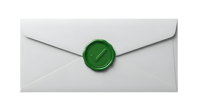 Approved white envelope with green wax seal and checkmark symbol
