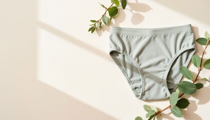 green period underwear on beige wall with natural eucalyptus leaves and sunlight shadows, reusable menstrual panties, clean minimal eco composition