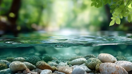 Underwater and surface view of clear mountain river with rocks and sunlight reflection symbolizing purity, nature and environmental harmony, Generative AI