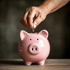 A senior person's hand placing a coin into a pink piggy bank on a wooden table. The background is blurred, emphasizing the act of saving money.