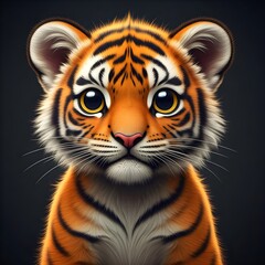 A close-up of a young orange tiger with black stripes. The tiger has large, expressive eyes and a soft, furry face. The background is dark, highlighting the tiger's features.