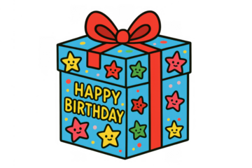 Happy birthday gift box illustration with red ribbon, colorful stars, and confetti on transparent background