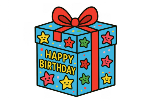 Happy birthday gift box illustration with red ribbon, colorful stars, and confetti on transparent background