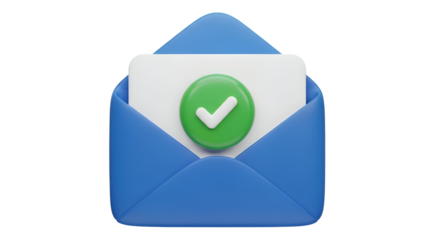 Blue envelope with white card and green checkmark symbol signifies successful communication