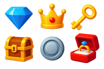 Wealth Symbol Icons. 3D icon set of wealth symbols: diamond, crown, golden key, treasure chest, platinum coin, jewelry box. A set