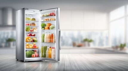 Open refrigerator filled with healthy food, fruits and vegetables symbolizing freshness, nutrition and energy efficient modern lifestyle, Generative AI