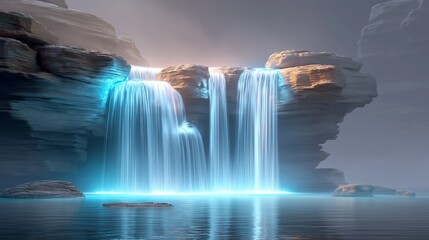 Dreamlike waterfall with glowing blue light and rocky landscape symbolizing natural purity, harmony and the beauty of flowing water, Generative AI