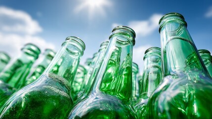 View of green and clear glass bottles from below against blue sky representing recycling, sustainability and circular eco materials concept, Generative AI