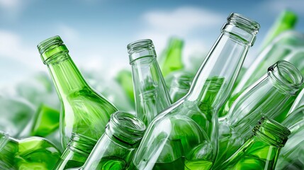 Green recycling bin filled with clear and green glass bottles outdoors symbolizing sustainability, reuse and ecological responsibility, Generative AI