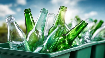 Green recycling bin filled with clear and green glass bottles outdoors symbolizing sustainability, reuse and ecological responsibility, Generative AI