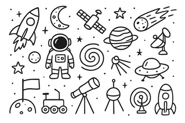Cosmic Exploration Icons. Cosmic exploration. Hand-drawn doodle illustration rocket, astronaut, satellite, planet, star, telescope, galaxy swirl, space probe,