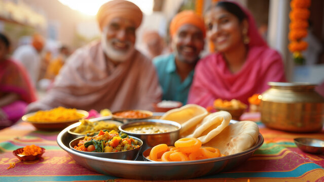 Festive Sikh community meal during sacred celebration, family gathering with traditional dishes, langar thali with puri jalebi, outdoor setting, marigold decor, warm hospitality, warmth