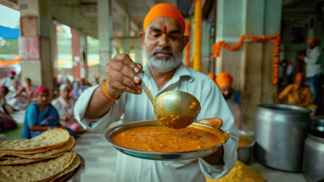 Sikh community member serving food during religious festival, traditional langar meal distribution, cultural gathering in temple, volunteer service, communal harmony, celebration of equality